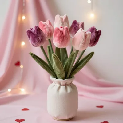 Plush Tulip Bouquet in Ceramic Vase - Flowers - AI generated image