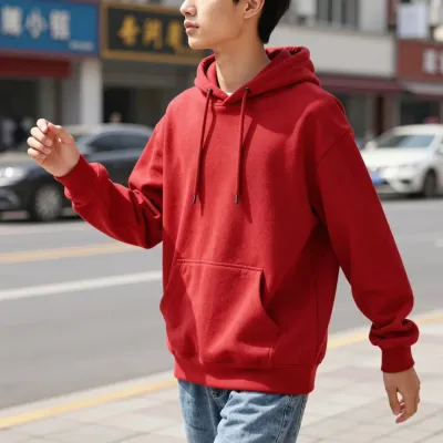 Red Hoodie Walker Confident Street Corner - People - AI generated image