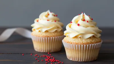 Vanilla Cupcakes with White Frosting and Red Sprinkles - Food - AI generated image