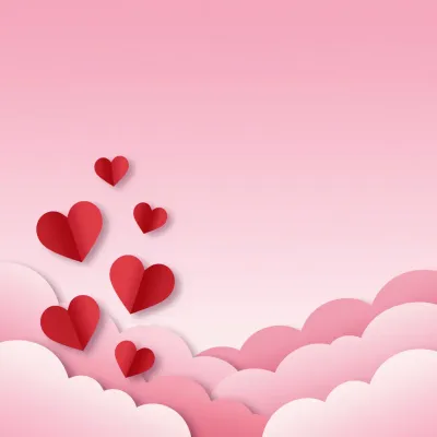 Red Paper Hearts Floating Among Fluffy Clouds - Love - AI generated image