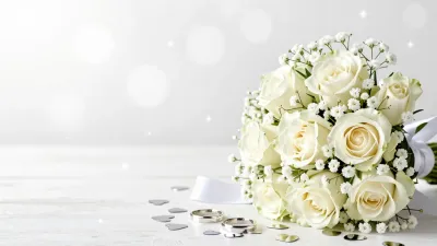 White Roses and Baby's Breath Bouquet Softly Lit - Flowers - AI generated image