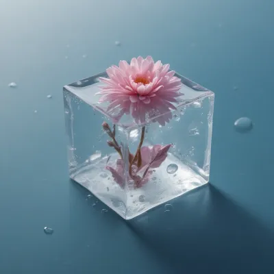 Pink Flower Encased in Clear Ice Cube - Flora - AI generated image