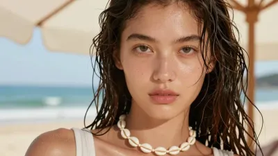Wet-Haired Model with Shell Necklace on Beach - People - AI generated image