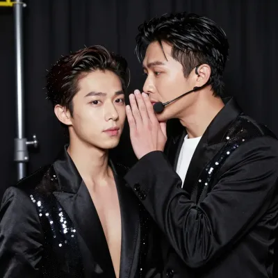 Two Individuals in Black Sequined Jackets Whispering - Fashion - AI generated image