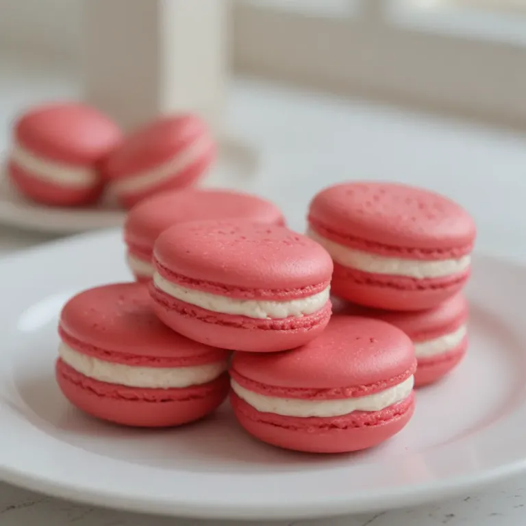 Cherry Cordial Macarons Stacked on Plate - Bakery - AI generated image