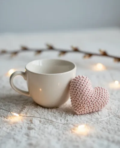 Teacup and Knitted Heart Cozy Scene - Food & Drink - AI generated image