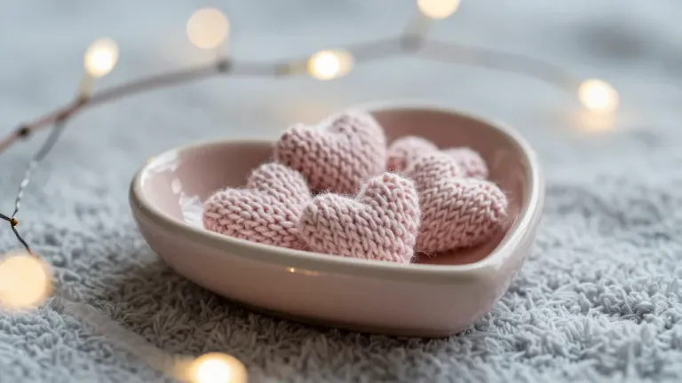 Knitted Hearts in Ceramic Dish with Fairy Lights - Still Life - AI generated image