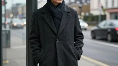 Person at Bus Stop in Wool Coat - People - AI generated image