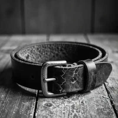 Cracked Leather Belt on Weathered Wood - Fashion - AI generated image