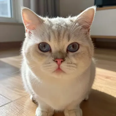 Fluffy White Cat with Blue Eyes Gazing Directly - Animal - AI generated image