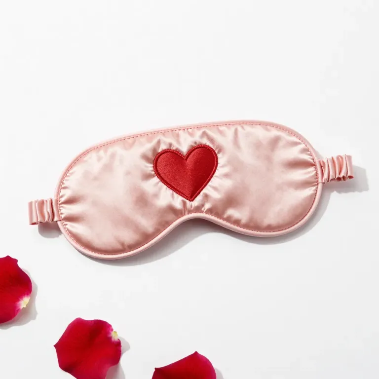 Pink Satin Sleep Mask with Red Heart - Fashion - AI generated image