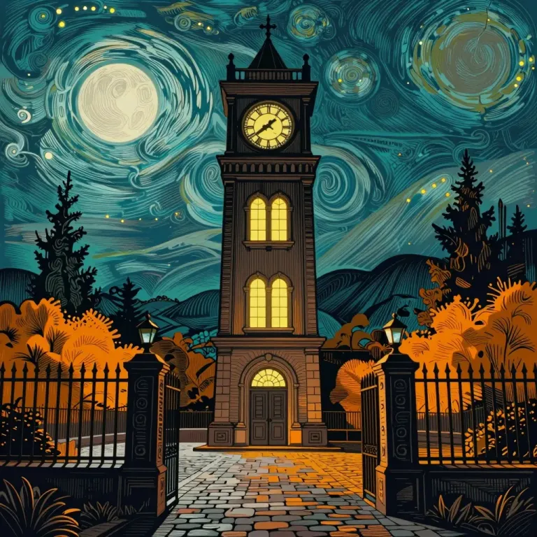 Illuminated Clocktower in Starry Courtyard - Architecture - AI generated image