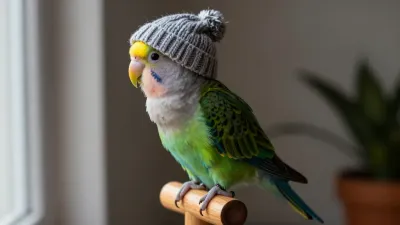 Parrot with Knitted Beanie Perched on Wooden Perch - Bird - AI generated image