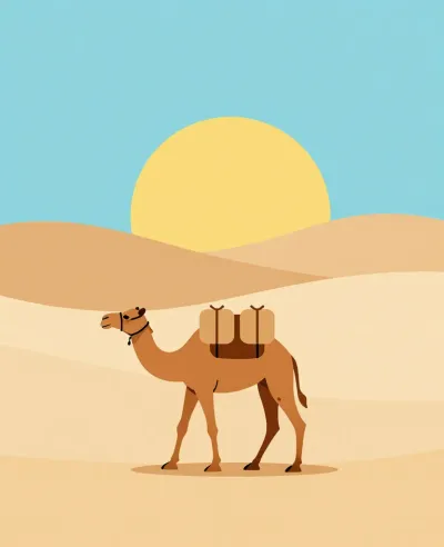 Camel with Beige Packs in Desert Sun - Animal - AI generated image