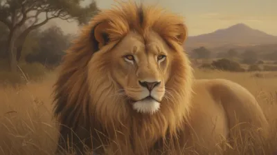 Golden Lion Resting in Savanna Grass - Wildlife - AI generated image