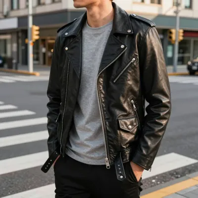 Person in Leather Jacket at Crosswalk - Fashion - AI generated image