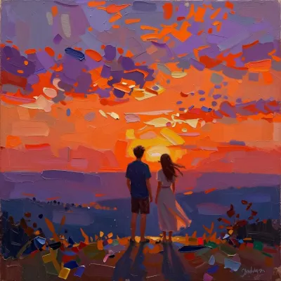 Couple Watching Sunset Palette Knife Painting - Art - AI generated image