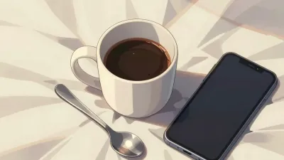 Coffee Mug with Smartphone on Tablecloth - Food - AI generated image