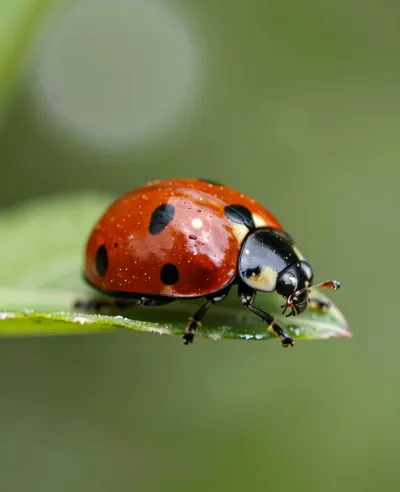 Glossy Ladybug Resting on Leaf Edge - Insects - AI generated image