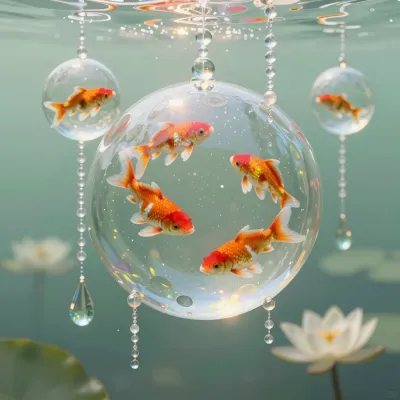 Koi Fish in Glass Bubbles Floating in Water - Aquarium - AI generated image