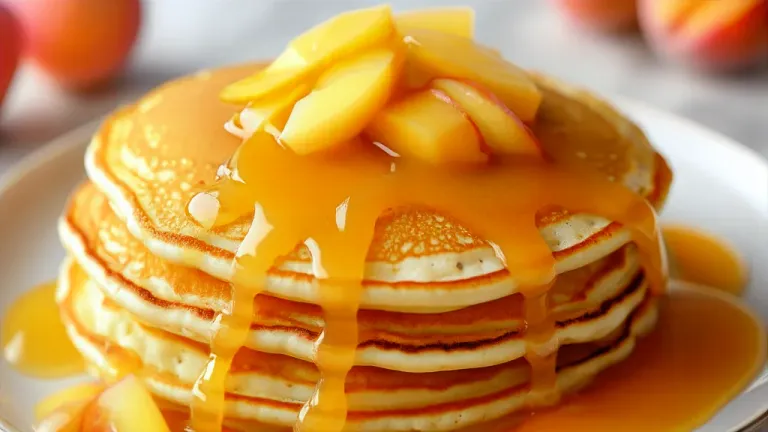 Peach Compote Glazed Pancakes Golden Breakfast - Food - AI generated image