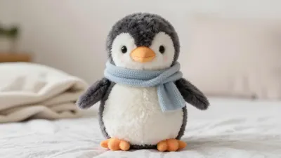 Plush Penguin with Knitted Scarf on Blanket - Plush Toys - AI generated image