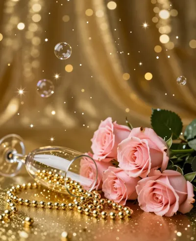 Pink Roses and Champagne Toast on Shimmering Gold - Flowers - AI generated image