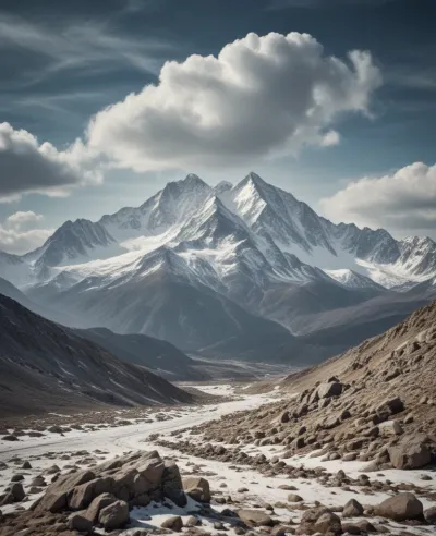 Snow-Capped Peaks Under Soft Clouds - Landscape - AI generated image