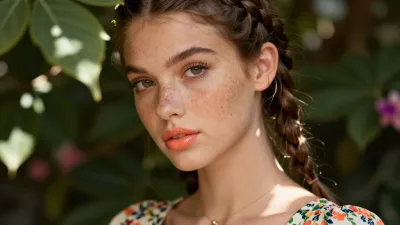 Freckled Woman with Braids in Sunlit Garden - Portrait - AI generated image