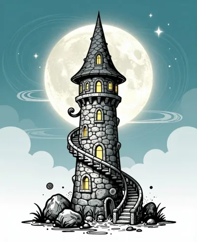 Spiral Staircase in Moonlit Stone Tower - Architecture - AI generated image