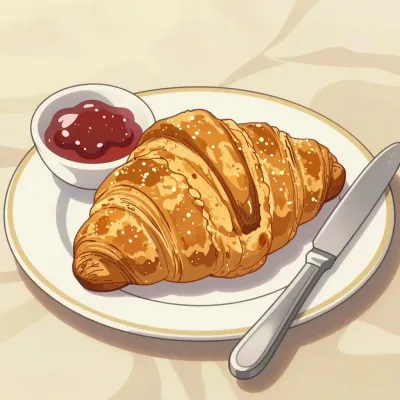 Croissant with Jam and Butter Knife - Food - AI generated image