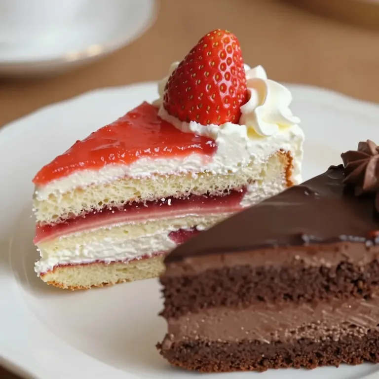 Strawberry-Topped Cake Slice with Chocolate Layer - Food - AI generated image