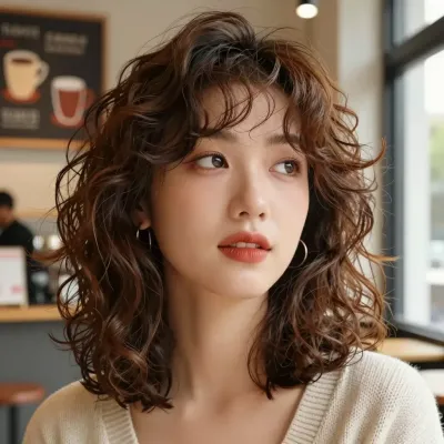 Woman with Wavy Brown Hair in Coffee Shop - Portrait - AI generated image