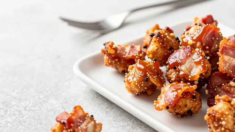 Bacon-Wrapped Appetizers with Sesame Seeds on White Plate - Gastronomy - AI generated image