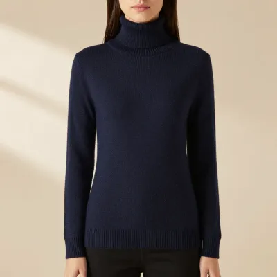 Navy Knit Turtleneck Sweater Soft Ribbed - Fashion - AI generated image
