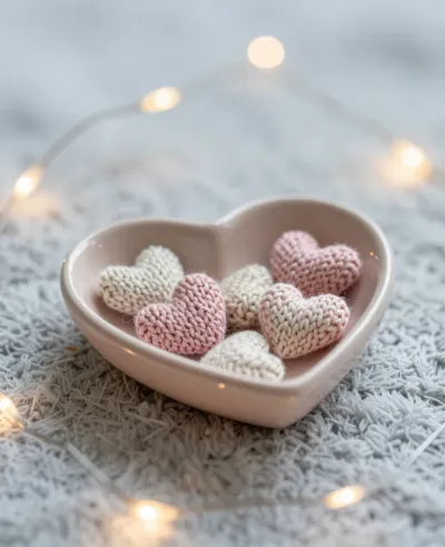 Knitted Hearts in Ceramic Dish with String Lights - Still Life - AI generated image