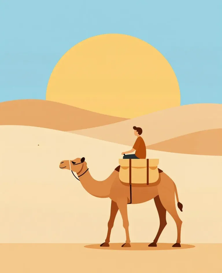 Traveler Riding Camel in Desert Sun - Travel - AI generated image