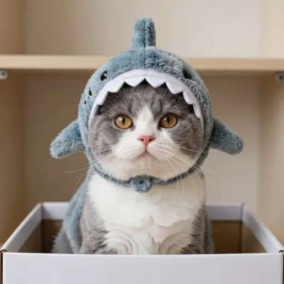 Cat Wearing Shark Hood in Cardboard Box - Pet - AI generated image