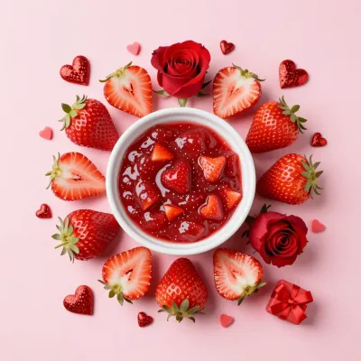 Strawberry Coulis with Heart-Shaped Strawberries - Food - AI generated image