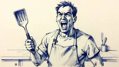 Angry Man Screaming with Spatula and Knife - People - AI generated image