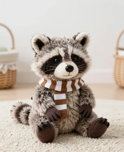 Plush Raccoon Wearing Scarf on Rug - Plush - AI generated image