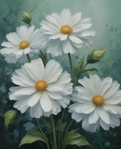 White Daisies Impasto Texture - Flowers - AI generated image