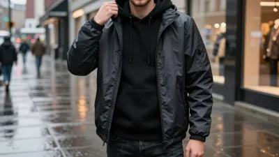 Man in Black Raincoat and Hoodie on Urban Street - Fashion - AI generated image