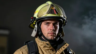 Firefighter in Yellow Helmet and Tan Jacket - People - AI generated image