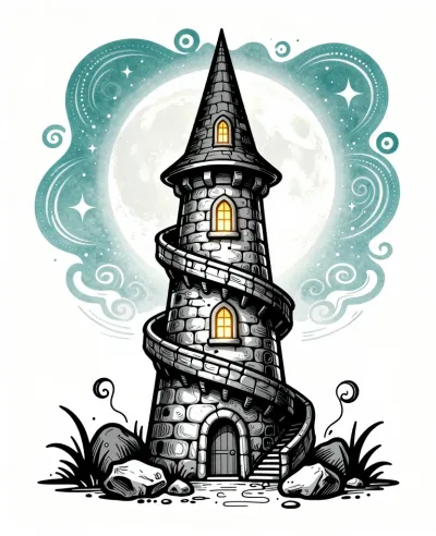 Spiral Stone Tower Moonlit Night - Architecture - AI generated image