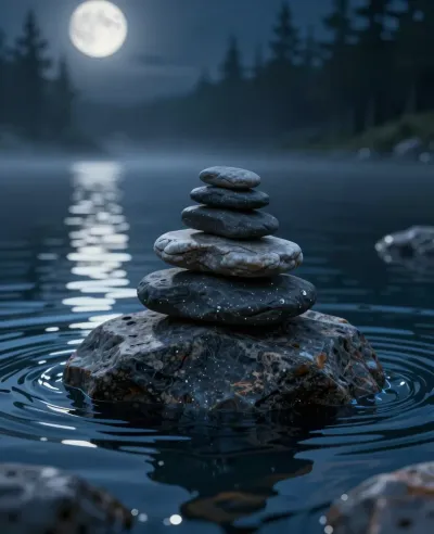 Stack of Stones Balanced on Rock Moonlit Night - Nature - AI generated image