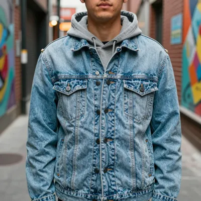 Person in Denim Jacket Over Hoodie Alley Graffiti - Fashion - AI generated image