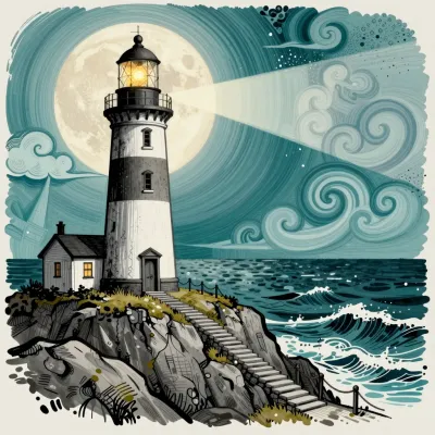 Lighthouse Illuminating Clifftop at Night - Architecture - AI generated image