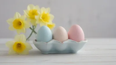 Pastel Eggs in Vintage Carton with Daffodils - Easter - AI generated image