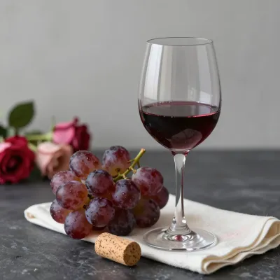 Red Wine Glass with Grapes and Roses - Food - AI generated image